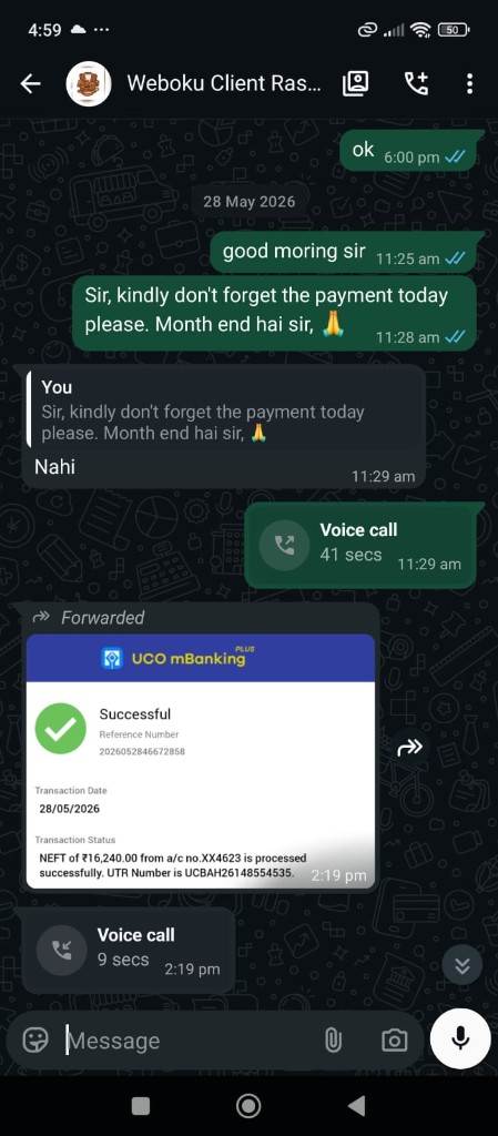 WhatsApp chat with Weboku Client · Payment Confirmation