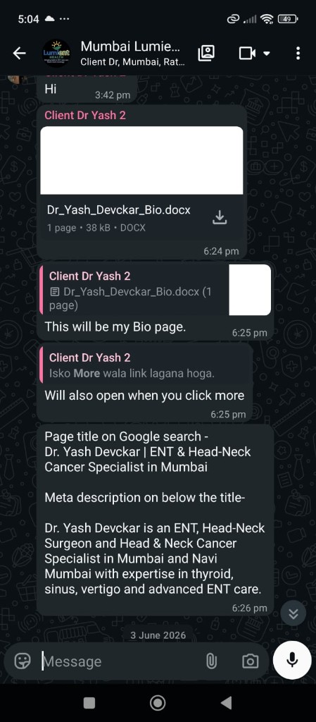WhatsApp chat with Dr. Yash Devckar · Web Development & SEO