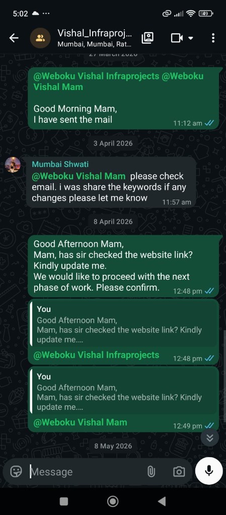 WhatsApp chat with Vishal Infraprojects · SEO & Website Updates