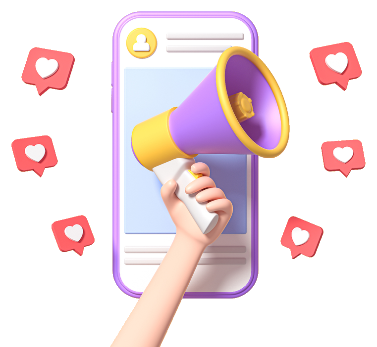Hand holding megaphone from smartphone with social likes